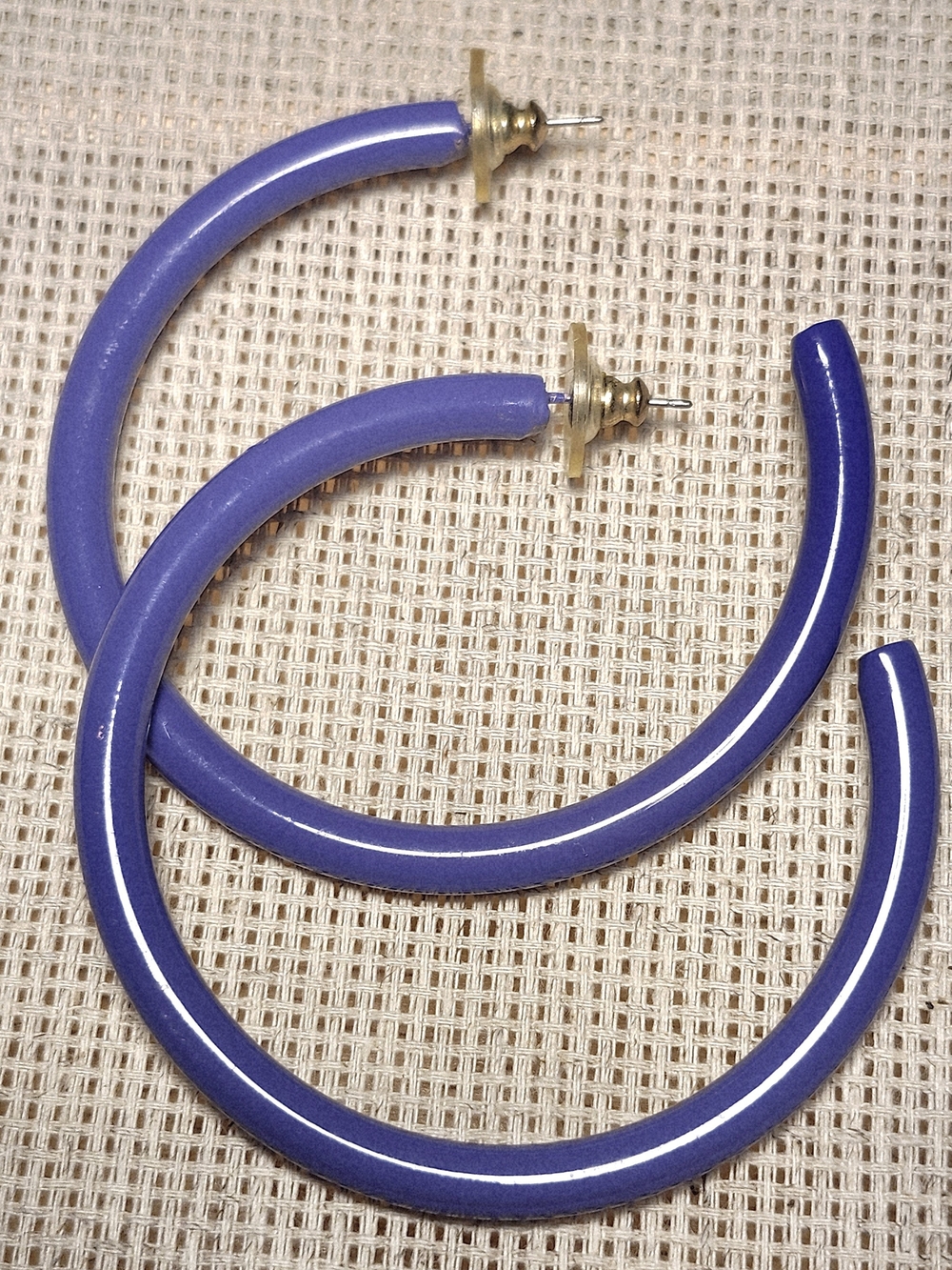 Vtg. Glossy Metallic 2.5" Dia Purple Hoop Earrings
